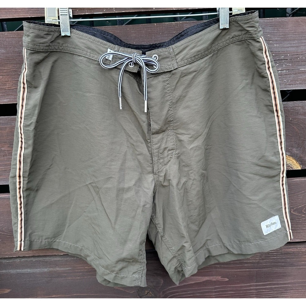 Rhythm Men's Green‎ Swim Trunks Shorts Stripe Nylon Beach Size 36